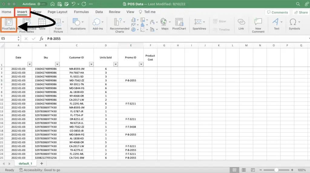 This shows where to find the Pivot table option in the ribbon in Excel