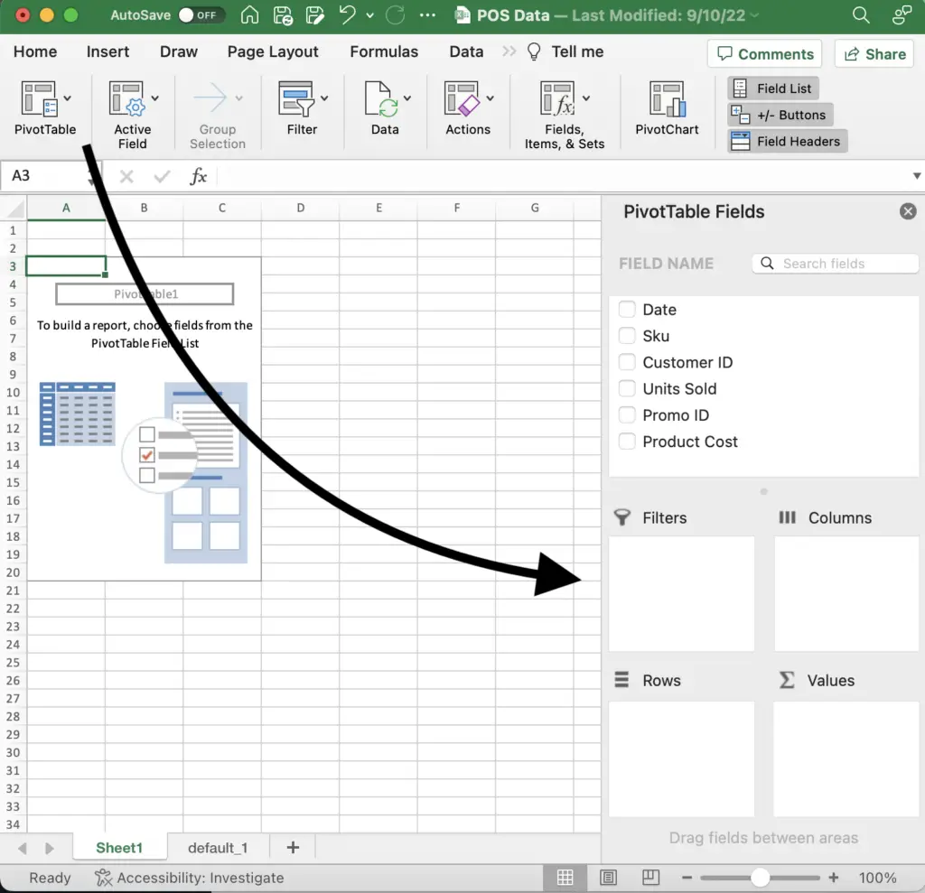 This shows the initial settings menu for the pivot table and points out the rows, columns, filters, and values section