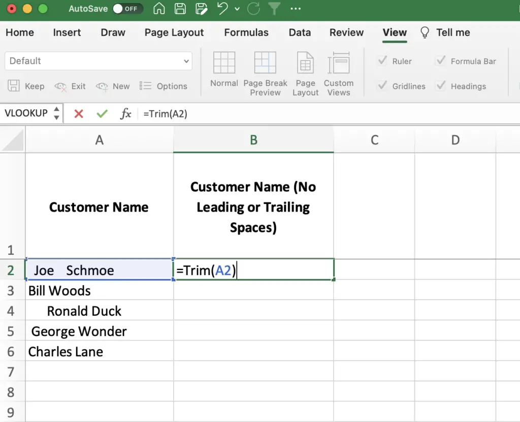 writing out the Trim function in Excel on data that has leading and trailing spaces