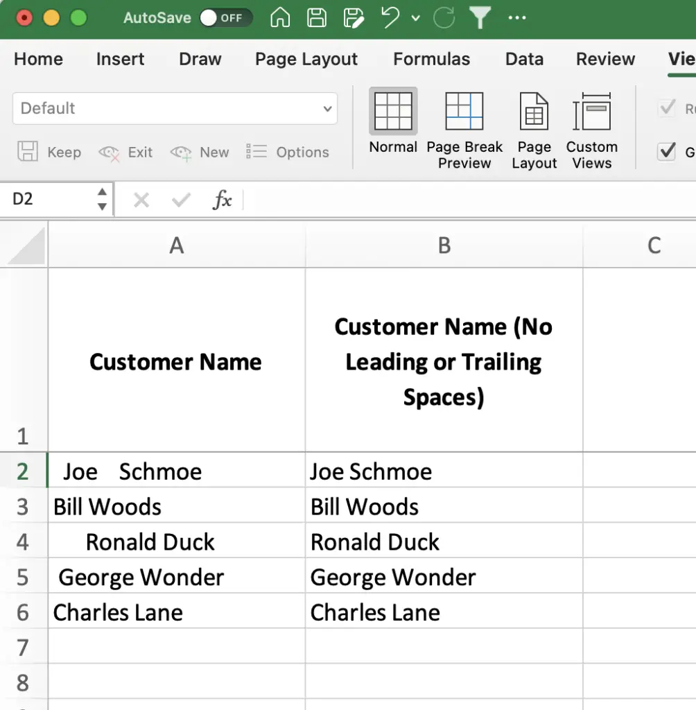 Data with leading and trailing spaces that has been cleaned using the Trim function in Excel